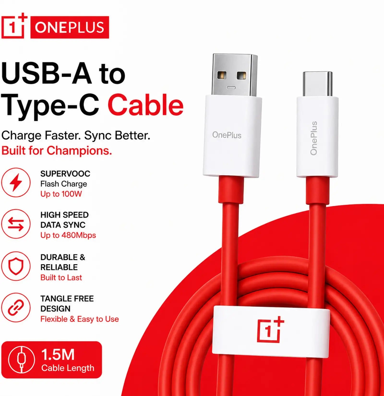 OnePlus USB Type C Cable(Compatible with Mobie, Tablet, oneplus wireless Neckbands, Laptop, Computer, Power Bank)USB Type A To USB Type C